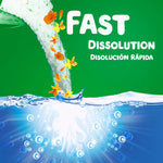 Graphic of powdered detergent pouring into water with floral petals and headline ‘Fast dissolution / Disolución rápida’