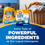 Power Sheets box shown beside liquid detergent jug and laundry basket, promoting shared powerful ingredients