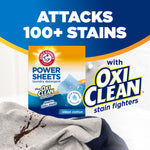 Power Sheets box with large text 'Attacks 100+ Stains' and OxiClean logo over a stained garment