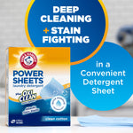 Power Sheets product box next to blue circle graphic reading 'Deep Cleaning + Stain Fighting' and detergent sheet stack