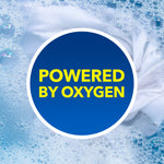 Graphic close-up of soapy water with a blue circle reading “POWERED BY OXYGEN” in yellow text