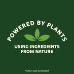 Green badge graphic reading 'Powered by plants' with leaf icon and 'Using ingredients from nature'