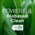 Green close-up of plant leaves with text declaring “POWERFUL Biobased Clean” and a USDA Certified Biobased Product logo at the bottom.
