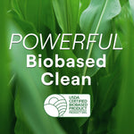 Close-up green plant leaves background with text "POWERFUL Biobased Clean" and a USDA Certified Biobased Product seal