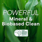 Green close-up background with text highlighting a powerful mineral and biobased clean and USDA certified biobased product seal