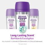 Three Rejuvenate PowerMax refill cartridges with purple caps highlighted and bamboo eucalyptus scent callout