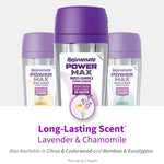 Three Rejuvenate PowerMax cartridges with purple caps and text promoting long-lasting lavender & chamomile scent