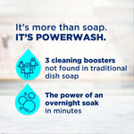 Promotional graphic reading "It's more than soap. IT'S POWERWASH." with icons and claims about cleaning boosters and overnight soak