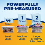 Infographic showing pre-measured sheet dosing: 1/2 sheet, 1 sheet, and 2 sheets above laundry baskets