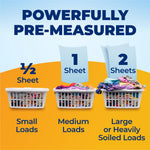 Infographic showing pre-measured sheet usage with baskets for small, medium, and large loads labeled '½ sheet, 1 Sheet, 2 Sheets'.