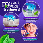 Informational purple panel with circular images showing pre-pasted bristles foaming with saliva and a smiling person using a mini toothbrush.