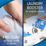 Split image showing hands pre-soaking a white fabric and pouring OUT White Brite into a washer drawer with usage text