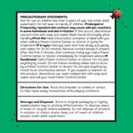 Close-up instruction box showing precautionary statements and storage/disposal directions for Hello Bello kids mosquito bands