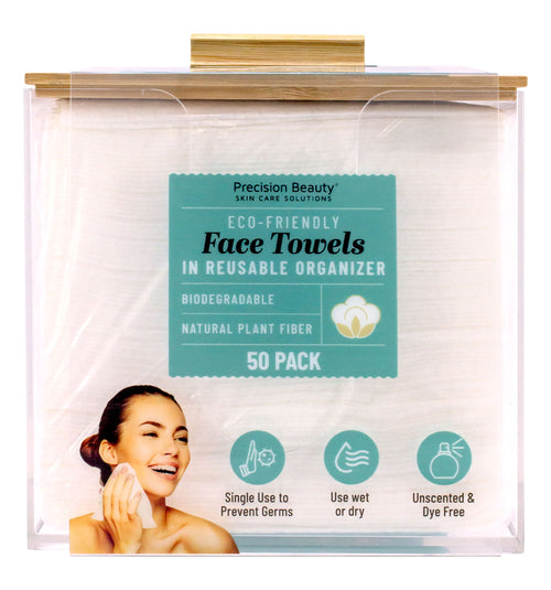 Precision Beauty eco-friendly face towels in a clear reusable organizer with teal label and smiling woman wiping her face