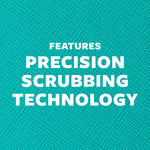 Close-up textured teal scrubbing surface with text highlighting precision scrubbing technology