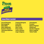 Yellow information panel listing "Annual Weeds Controlled" with Preen Natural Weed Preventer logo on a yellow background