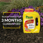 Preen Garden Weed Preventer bottle sitting on mulch with text overlay 'BLOCKS WEEDS FOR 3 MONTHS GUARANTEED'