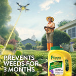 Lifestyle scene with Preen Garden Weed Preventer bottle in foreground and a person in garden with a drone-like element and text about 3 months