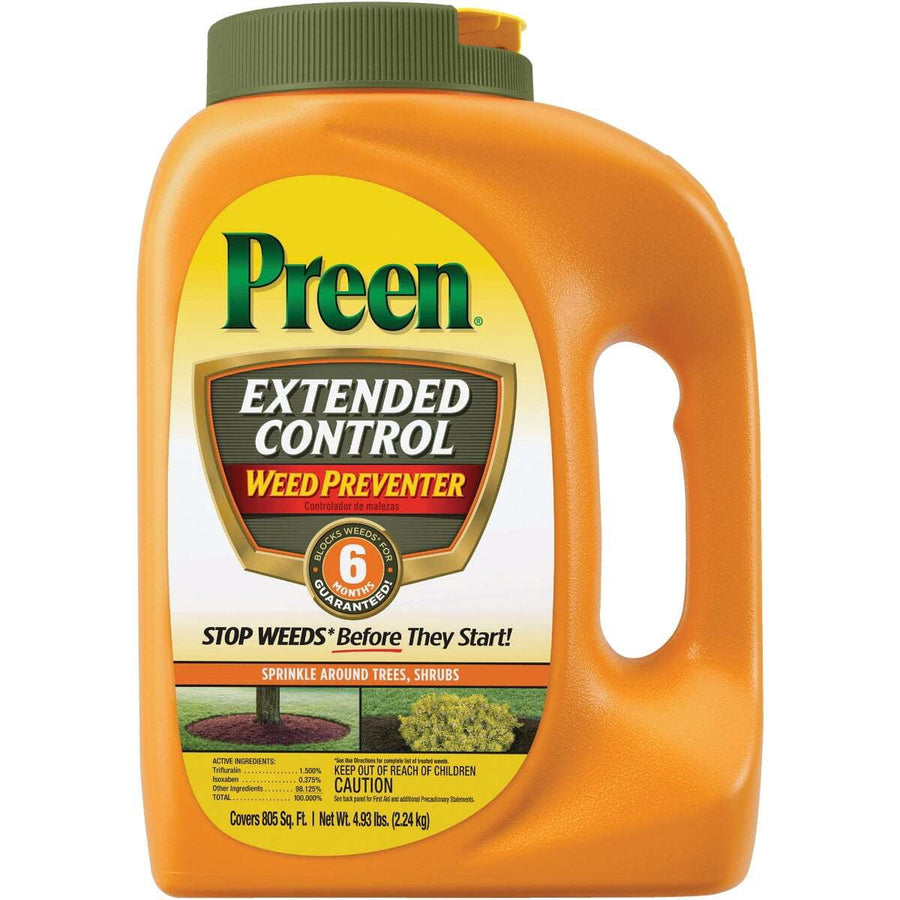 Close-up of a yellow Preen Extended Control weed preventer jug with label and green flip-top cap on white background.
