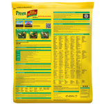 Back of a yellow Preen Garden Weed Preventer plus plant food bag showing instructions and ingredient panels