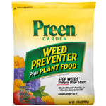 Front of a yellow Preen Garden Weed Preventer plus plant food bag with branding and floral artwork