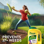 Illustrated lifestyle image of a woman boxing weeds with Preen Garden Weed Preventer bottle overlaid and text claiming prevention of 37+ weeds