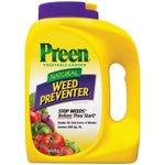 Yellow jug of Preen Natural Vegetable Garden Weed Preventer with label and purple cap on white background