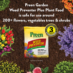 Promotional graphic showing a Preen Garden Weed Preventer bag over soil with text about safe use around plants and a 3-month badge