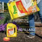 Preen Weed Preventer bottle on ground with refill bag being poured in and text overlay 'REFILLABLE'