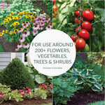 Collage of flowers, vegetables and shrubs with central circle reading 'FOR USE AROUND 200+ FLOWERS, VEGETABLES, TREES & SHRUBS'