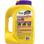 Rear label of a yellow Preen Natural Weed Preventer jug showing instructions and product information with purple cap