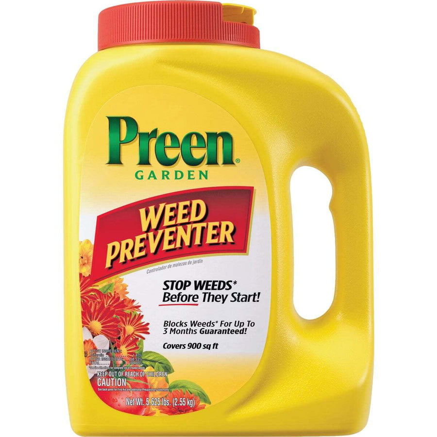 Yellow Preen Garden Weed Preventer shaker bottle with flip-top cap and front label