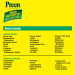 Yellow panel listing weeds controlled by Preen Garden Weed Preventer with branded header and categorized grass and broadleaf lists