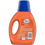 Rear view of an orange Great Value Premium Clean detergent bottle showing back label text, barcode and safety warnings
