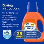 Close-up of Great Value Premium Clean bottle with dosing instructions and a 25 loads badge on a blue background