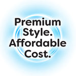 Blue circular swirl background with bold text reading ‘Premium Style. Affordable Cost.’ in black on white field