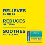 Bright yellow promotional graphic with bold blue text describing relief benefits and a small Preparation H Totables box image
