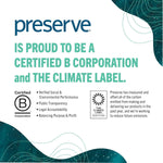 Preserve branded certification panel stating the company is a certified B Corporation with climate label icons and short bullet points