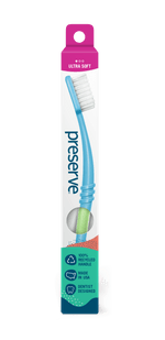 Preserve toothbrush in single retail box showing blue handle, ultra soft label and icons for recycled handle and made in USA