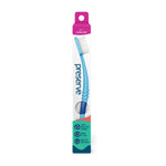 Single Preserve toothbrush in tall white blister-style box with blue curved handle and pink ultra soft header