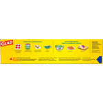 Back panel of Glad Press'n Seal box showing usage icons, cautions, and instructions on a yellow strip