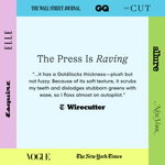 Pastel panel showing praise quote from Wirecutter with publisher logos framed around the edges on a light blue background