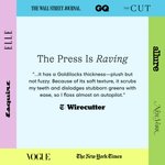 Press testimonials panel with headline “The Press Is Raving” surrounded by logos of publications and a highlighted Wirecutter quote