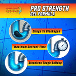 Pro Strength gel formula graphic with three circular illustrations showing clinging, timing and dissolving action in pipes.