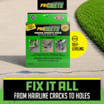 ProCrete product box placed on concrete next to repaired crack with 'Fix it all' promotional text below