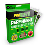 Rendering of ProCrete green packaging box with two 5 oz pouches fanned at right, labeled permanent premium repair