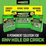 Three ProCrete product boxes (concrete, asphalt, anchoring patch) displayed over dark background with headline