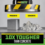 Marketing graphic comparing a solid ProCrete block to crumbled concrete with '10X Tougher Than Concrete' banner