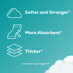 Infographic icons and text listing attributes: 'Softer and Stronger', 'More Absorbent', and 'Thicker' on teal background.