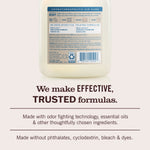 Back of the fabric freshener bottle shown above copy highlighting trusted formulas and ingredient claims.